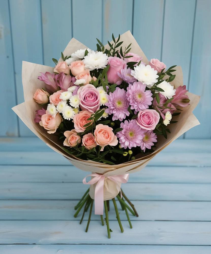 Букет цветов из: Хризантемы, Розы и Альстромерии в Усть-Кан