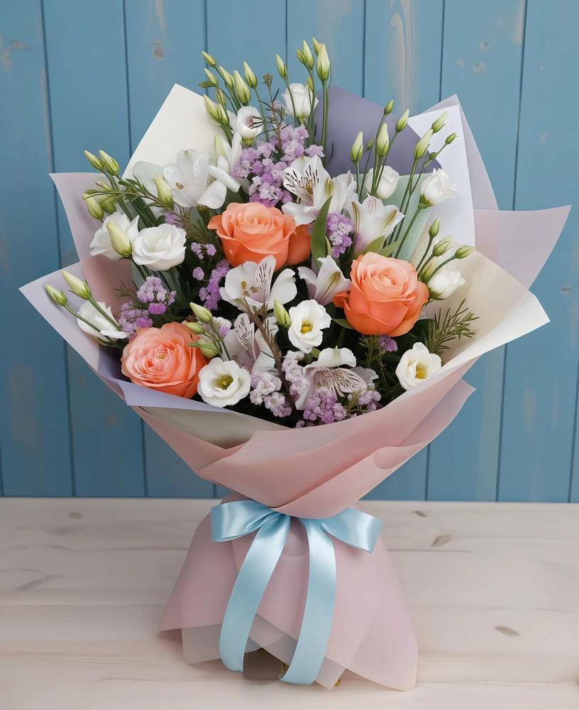 Букет цветов из: Лизиантусы, Розы, Альстромерии и Гипсофила в Усть-Кан