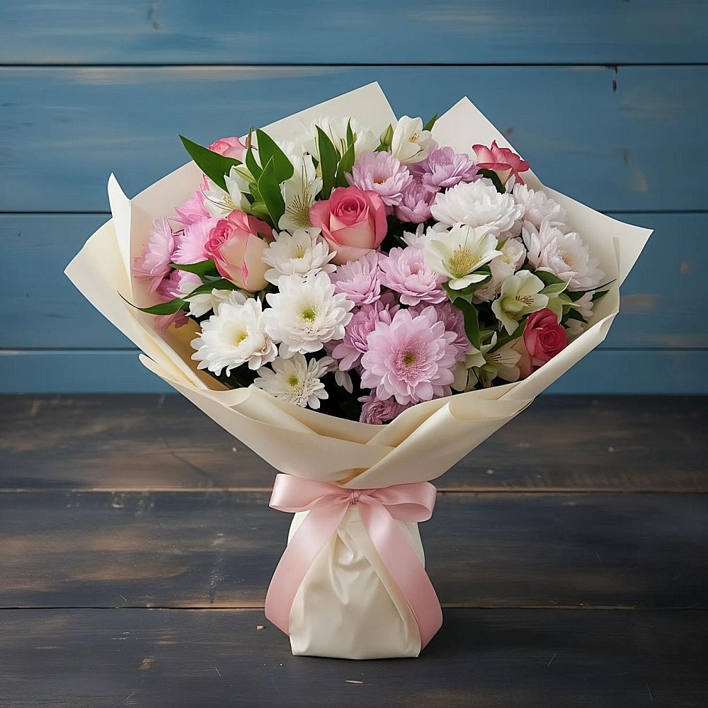 Букет цветов из: Хризантемы, Альстромерии и Розы в Усть-Кан